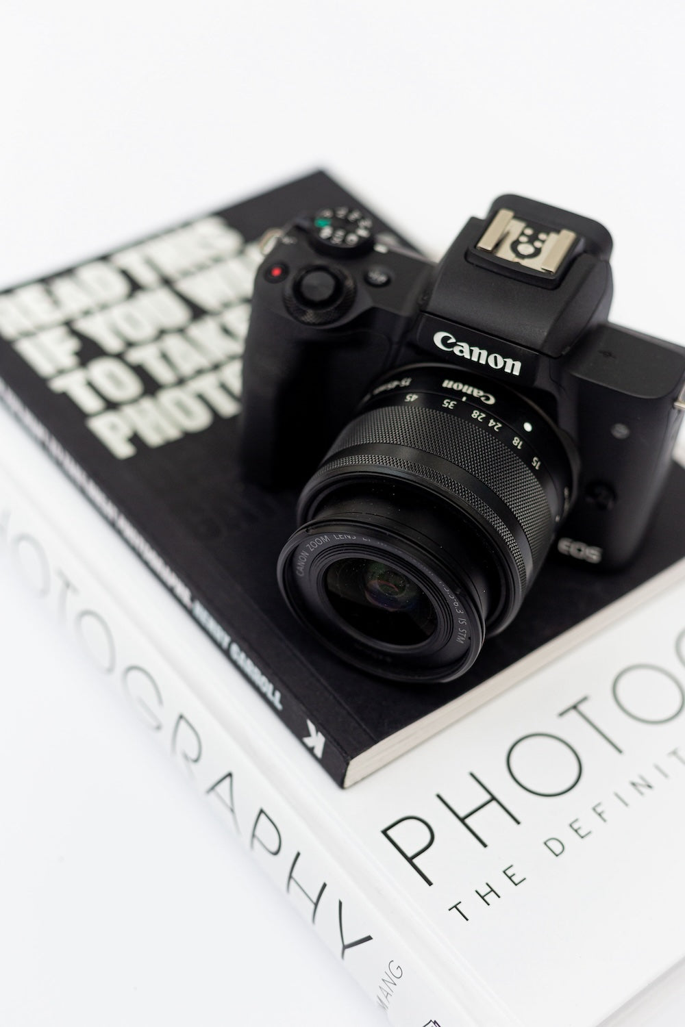 Canon camera sitting on top of beginners photography books
